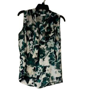 New York & Company Green & White Sleeveless Tie Neck Blouse - Medium